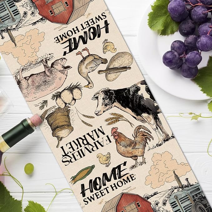 Farm Animals Dining Table Runner, Farmhouse Country Cow Lamb Pig Chicken Duck Barn Tractor Burlap Kitchen Decoration, Farmer Market Indoor Outdoor Sweet Home Decor Party Supply 13 x 36 Inches