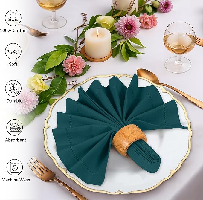 Ruvanti Cloth Napkins Set of 12, 100% Cotton High GSM 18x18 Inches, Hem Stitched Corners, Soft, Washable, Highly Durable & Absorbent, Perfect for Parties, Christmas, Thanksgiving Dinners – Deep Teal