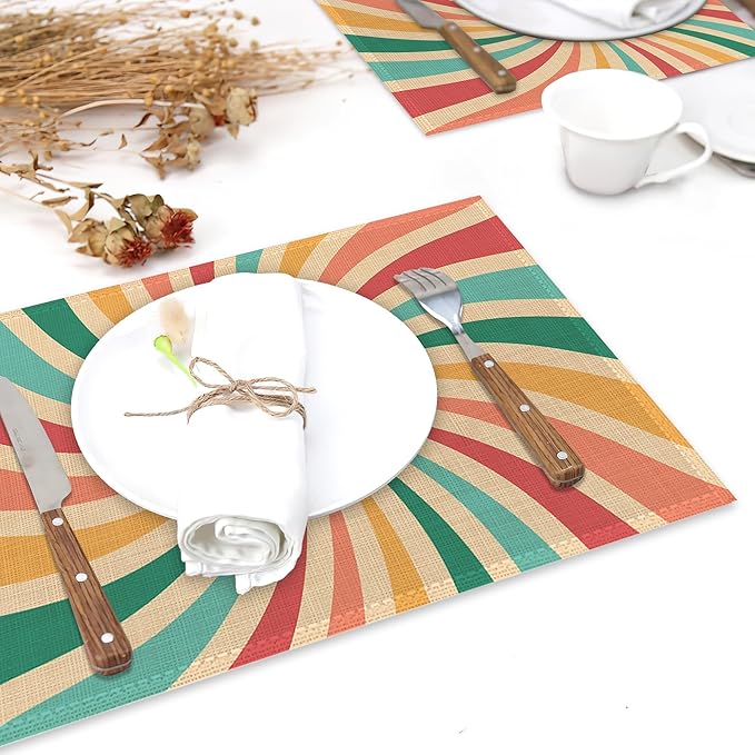 Placemats Set of 6,Retro 70s Groovy Linen Table Mats Rainbow Swirl Heat Resistant Place Mats Washable Dining Table Mats for Indoor Outdoor Kitchen Decor Easy Clean 12 x 18 Inch