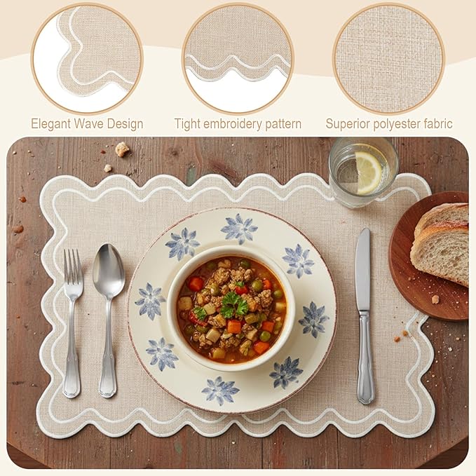 Set of 4 Cotton Linen Placemats, 13x19 Inch Scalloped Wavy Embroidery Placemat Double Layered Washable Rustic Rectangle Dinner Table Mats for Kitchen Wedding Home Party Decor(Beige)
