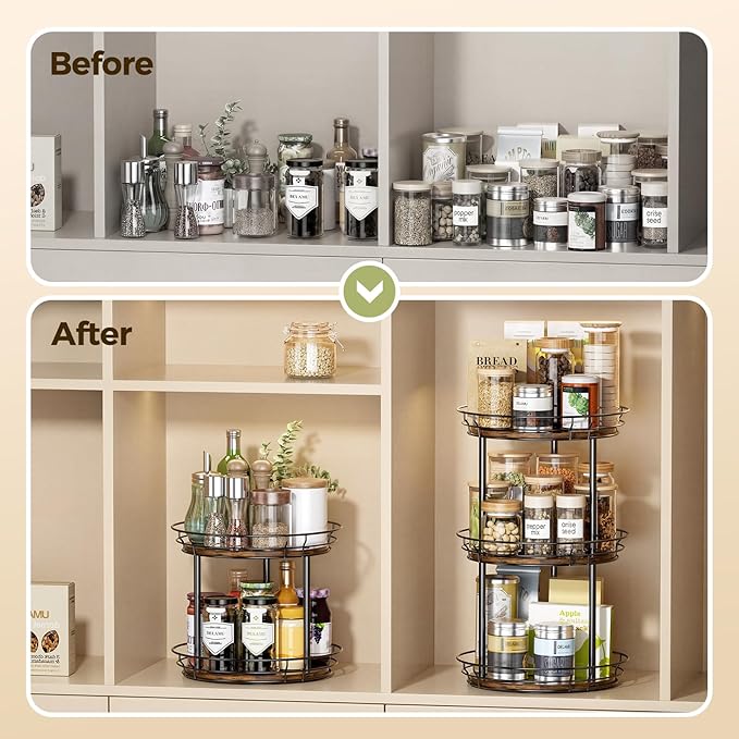 LAMU 12'' Lazy Susan Turntable Organizer, 3 Tier Round Rotating Spice Rack Organization for Kitchen Cabinet and Countertop, Wooden Lazy Susan for Table Top, Pantry, Bathroom, Vanity, Home Decor