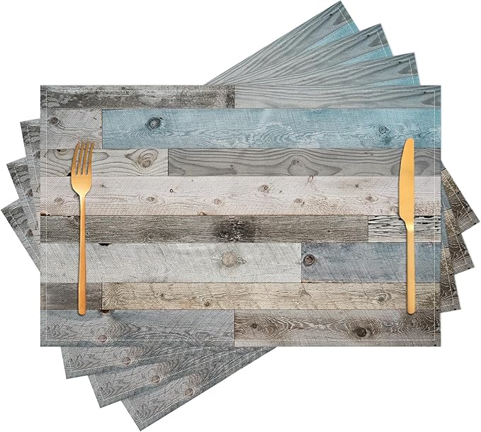 Grey Teal Placemats Farmhouse Blue Rustic Place Mats Vintage Country Style Decorative Table Mats Set of 4 - Linen Heat Resistant Wipeable Washable Dining Table Kitchen Placemats 12x18Inch