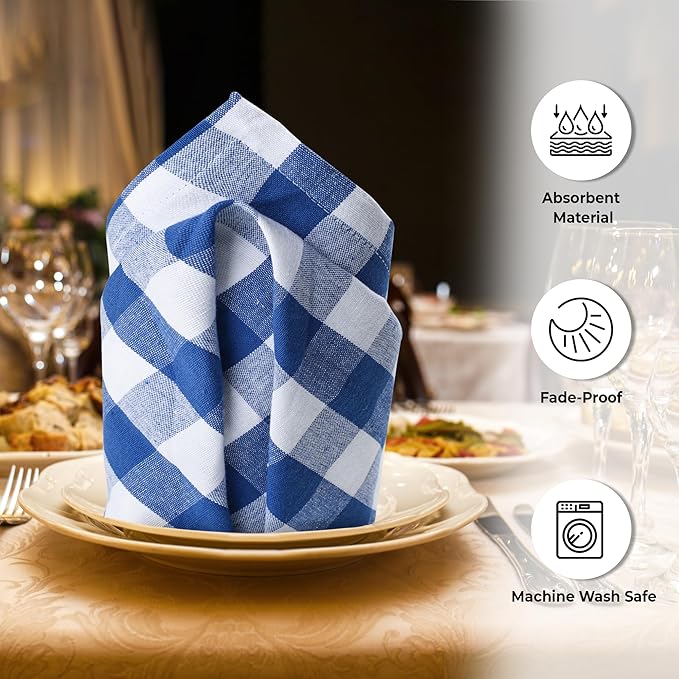 Urban Villa Cotton Dinner Napkins Set of 6, Highly Absorbent 20x20 Inches Premium Cloth Napkins Hotel Quality Reusable & Washable Table Dinner Napkins for Home & Weddings - Blue/White, Checks