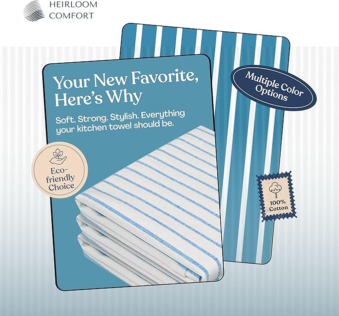 Turquiose Blue Stripe Kitchen Towels, 12 Pack, 100% Cotton, Super Absorbent and Quick Dry, Classic Striped Towel Set, Durable Dish Cloths for Kitchen Use, Cleaning & Drying Dishes
