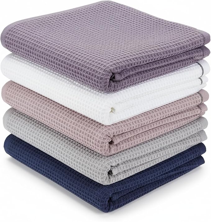 5 Pack Hand Towels, Bath Towels, Kitchen Towels and Dishcloths Sets, 30 x 14 Inches, Absorbent Dish Towels for Kitchen, Microfiber Cleaning Cloth, Waffle Kitchen Towels (Multicolored)