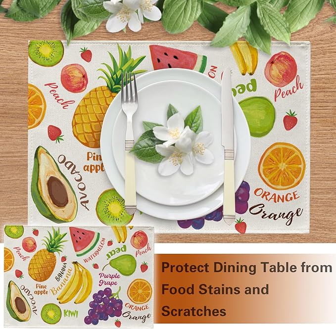 Watercolor Fruit Placemats Set of 4, Spring Summer Watermelon Pineapple Banana Orange Dining Table Place Mats, Grapes Pearl Peach Kiwi Avocado Strawberry Kitchen Home Decoration 12''x18''