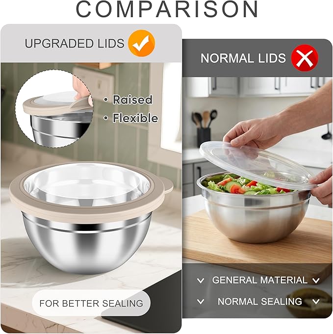 HaWare Mixing Bowls with Airtight Clear Lids, 6-Piece Stainless Steel Strong Nesting Bowls Set, Metal Salad Bowl for Cooking, Prepping, Baking, Serving & Food Storage, Size 4.6, 3, 1.5QT, Khaki