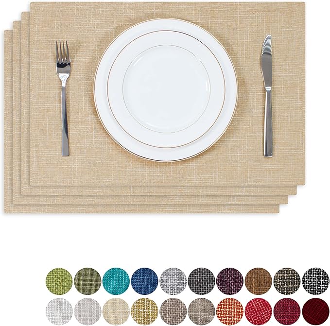 Kevin Textile Burlap Linen Placemats Set of 4 Heat Resistant Dining Table Place Mats Washable Kitchen Table Mats, 13 x19 inches, Cream Beige