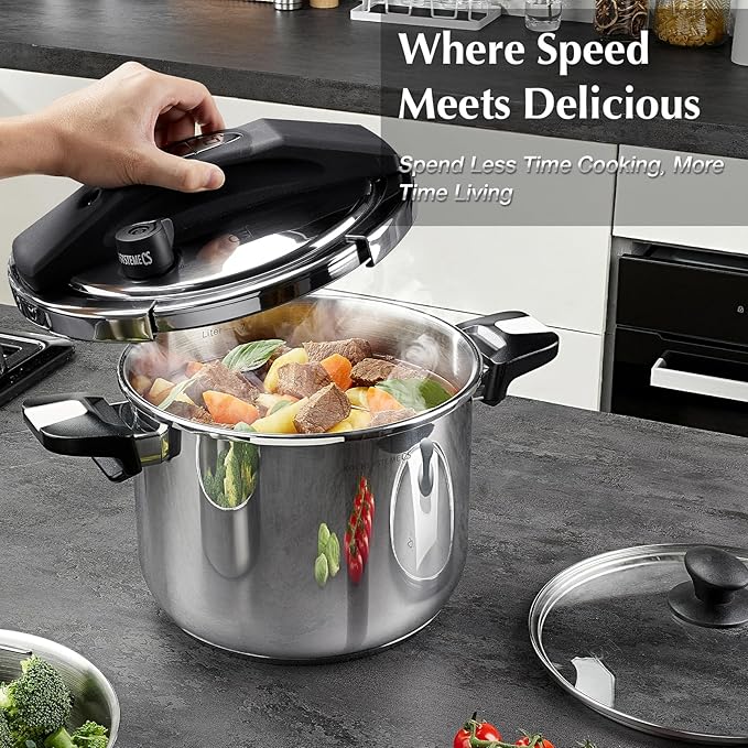 KOCH SYSTEME CS Stainless Steel Pressure Cooker 8.5 Quart, 3-in-1 Olla de Presion, One-Hand Locking, 3 PSI Settings Stovetop Pressure Cookers, induction Pressure Cooker, Glass Lid & Steamer, 8.5QT