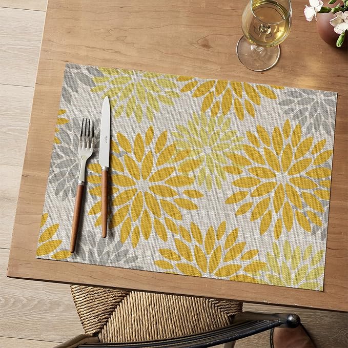 Artoid Mode Floral Plastic Placemats Set of 6, 12x18 Inch Washable Non-Slip Plastic Vinyl Place Mats for Party Kitchen Dining Decor, Yellow