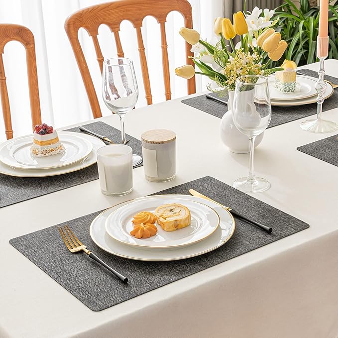 Romanstile Vinyl Placemats Set of 6-12 X 17 Inch - Faux Leather 100% Waterproof Oil-Proof Wipeable Place Mats, Heat Resistant Reversible PU Table Mats for Kitchen Dining Party Outdoor, Dark Grey