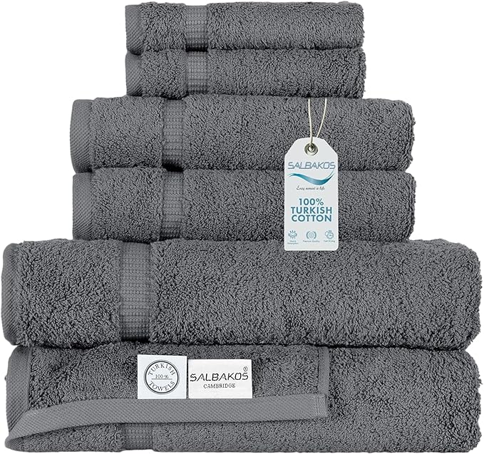 SALBAKOS 100% Turkish Cotton Towel Set of 6 Piece Gray | Premium Quality Hotel & Spa Collection 2 Washcloth, 2 Hand, 2 Bath Towel Sets for Bathroom | Made in Turkey (Gray, 6 Piece Towel Set)