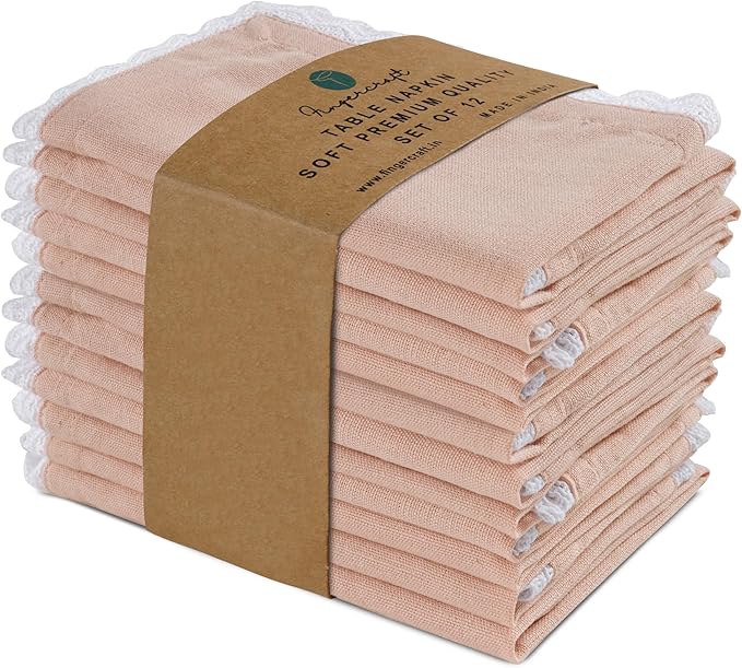 Fingercraft Dinner Cloth Napkin Cotton Linen Blend 12 Pack Mitered Corners with Elegant Lace for Everyday Use Napkins are Pre Shrunk and Good Absorbency (Pink, 12in x 12in) Easter Color