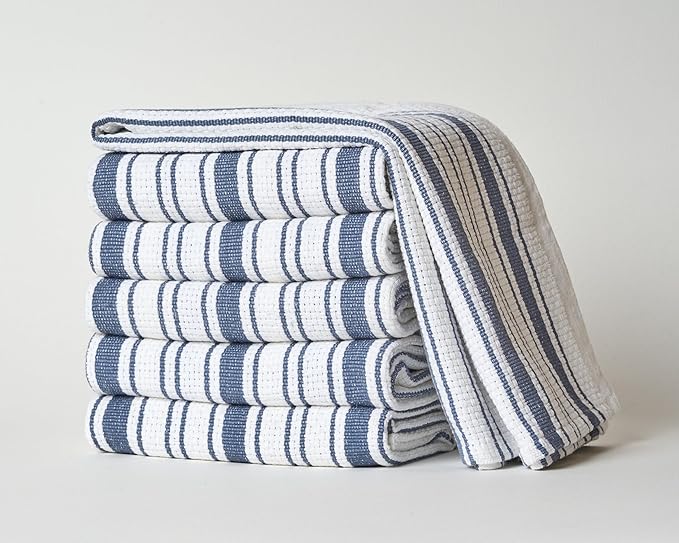 Kitchen Towels Set – Pack of 6 (20’’ x 30’’) Extra Large Premium Cotton Dish Towels for Kitchen – Basket Weave Towels – Absorbent – 100% Cotton – with Hanging Loop – Blue Grey