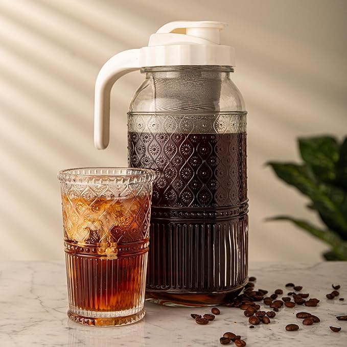 Cold Brew Coffee Maker 64 oz – Airtight Glass Mason Jar Pitcher Brewer with Leak-Proof Lid & Handle, Wide Mouth Iced Coffee Maker, Vintage Kitchen Decor - Blue