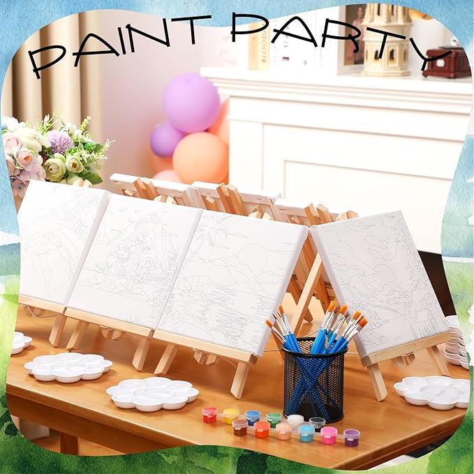 Motipuns 12 Set Pre Drawn Canvas for Painting for Adults Sip and Paint Kit with Easels 8 x 10 Inches Paint Party Kit with Printed Canvas Paints Brushes Palette Bag Apron(Landscape)