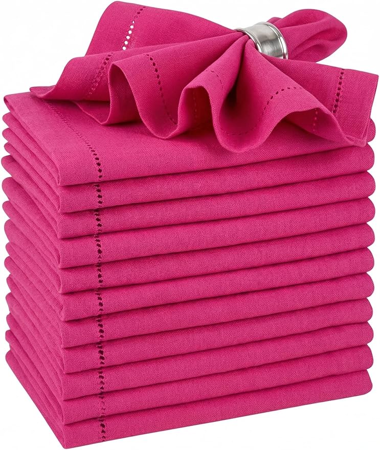 Palisa Hot Pink Cotton Napkins Set of 12 | Premium Hemstitch Detailing Cloth Dinner Napkins 18x18 Inch | Soft Washable & Reusable Table Napkins for Everyday Use Weddings Parties Restaurants & Hotels