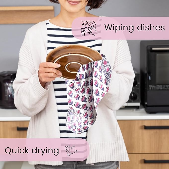 CPC Pink Sapphire Hand Block Print Waffle Kitchen Towel Set of 3-16 x28 Ultra Absorbent Quick Dry Microfiber Dish Towels Lightweight Reusable Sustainable Tea Towels for Cleaning and Drying