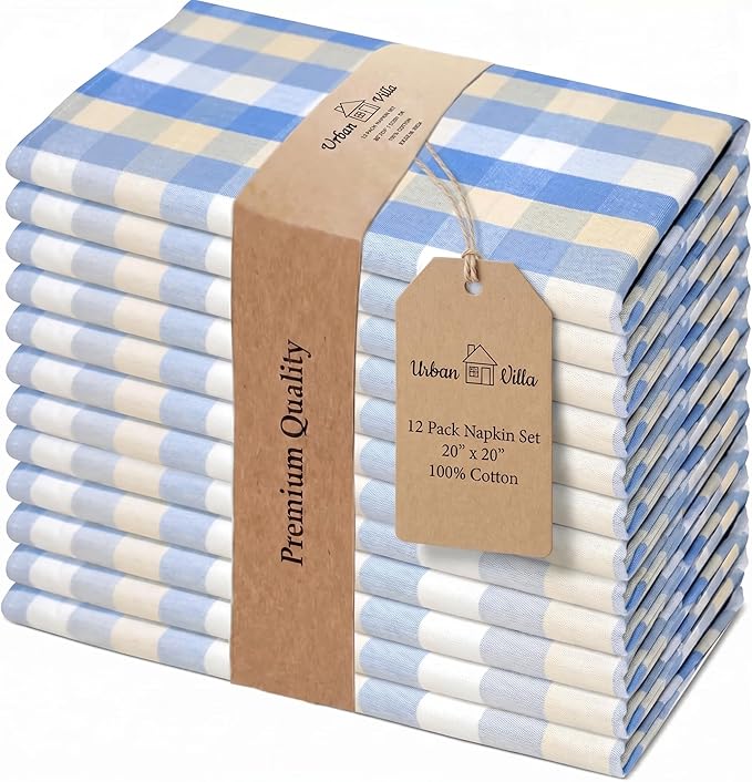 Urban Villa Cloth Napkins Set of 12 20x20 Inches 100% Cotton Napkins Cloth Washable Soft Durable Reusable Absorbent Table Dinner Napkins Cloth for Hotel Lunch Restaurant Weddings Parties- Blue Sand