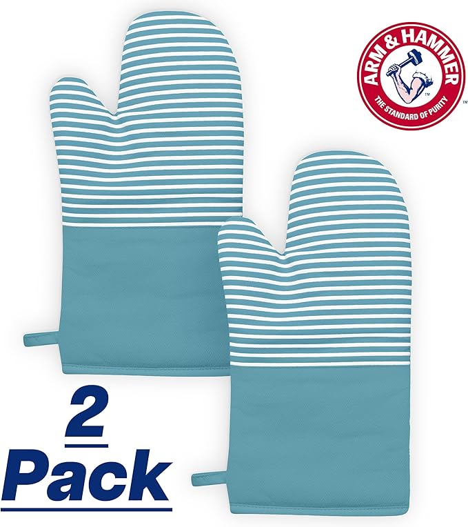 Arm & Hammer Striped Oven Mitts, Heat Resistant, Non-Slip Silicone Grip, 2 Pack, Teal