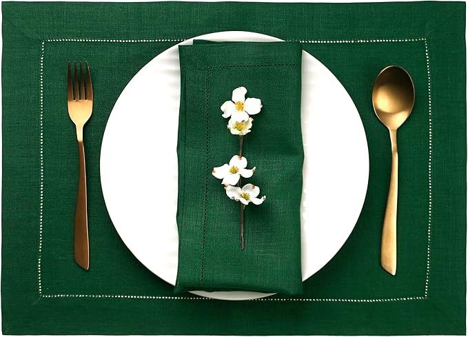 D'Moksha Homes Linen Placemats Set of 4 - Classic Hemstitch Forest Green Placemats 14 x 19 Inch - 100% Pure Linen Table Mats for Mothers Day - Handcrafted and Machine Washable