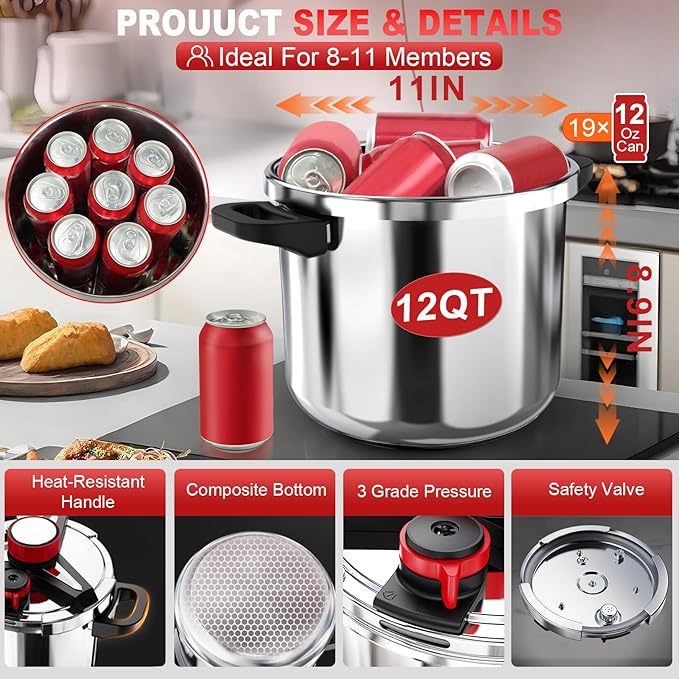 18/8 Stainless Steel Pressure Cooker 12 Quart, [One-Hand Locking] Olla de Presion, [3-In-1] Pressure Canner, Induction Compatible, Gas Stovetop Compatible,Includes Glass Lid & Steamer Rack
