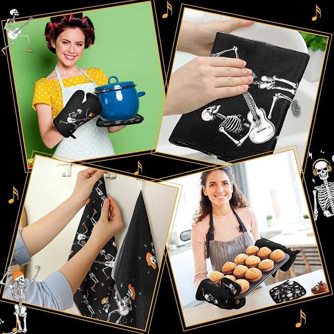 Leinuosen 8 Pcs Skull Kitchen Decor Set Kitchen Towels Gothic Oven Mitts and Pot Holders Skeleton Hand Dish Towels Horror Oven Mitts for Home Decoration Party Gifts (Modern Color,Music)