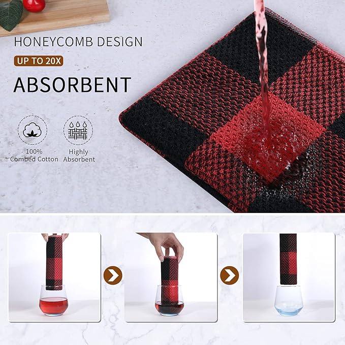 Mordimy 100% Cotton Waffle Weave Kitchen Towels, 13 x 28 Inches, Super Soft and Absorbent Buffalo Check Dish Towels for Drying Dishes, 4-Pack, Black & Red