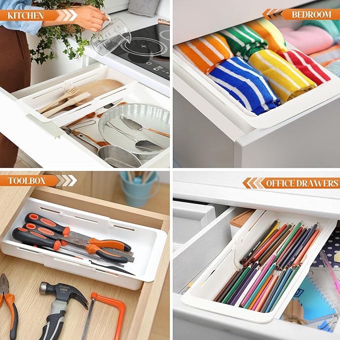 1 Pack Deep Drawer Organizer Bins, Sliding Drawer Organizer Bin Expandable and Adjustable Tray for Kitchen Utensils, Towels, BBQ Tools, Durable Plastic Sliding for Easy Storage (12.4-17.7")