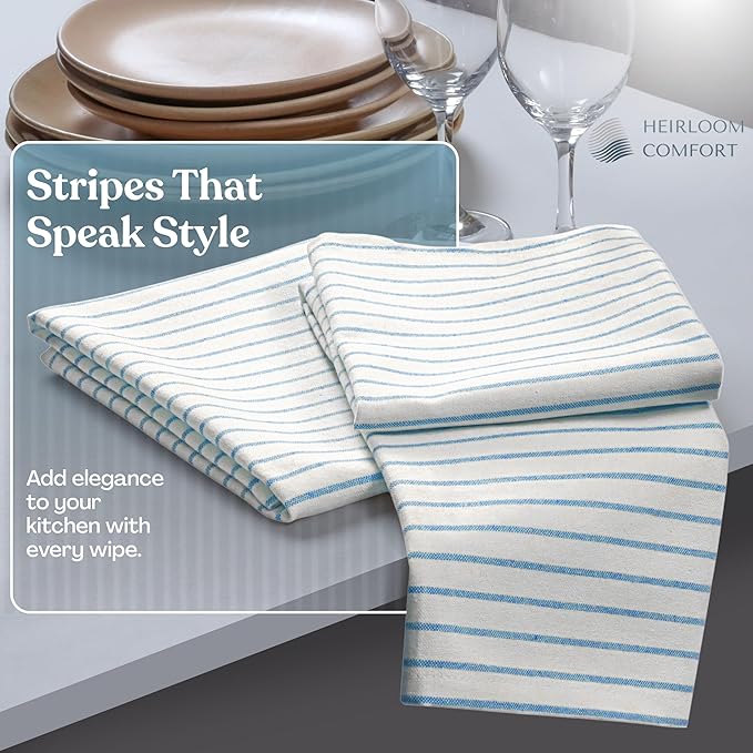 Turquiose Blue Stripe Kitchen Towels, 3 Pack, 100% Cotton, Super Absorbent and Quick Dry, Classic Striped Towel Set, Durable Dish Cloths for Kitchen Use, Cleaning & Drying Dishes