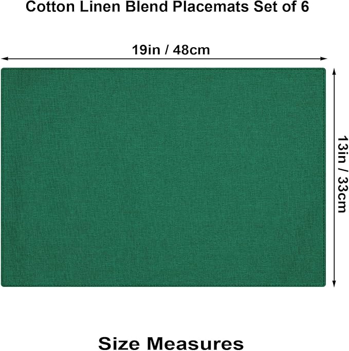 Cloth Placemats Set of 6, Cotton Linen Blend Machine Washable Double Layered Place Mats, Heat Resistant Placemats Wrinkle Free Thick Fabric Dining Table Mats for Indoors & Outdoors (Green, 6)
