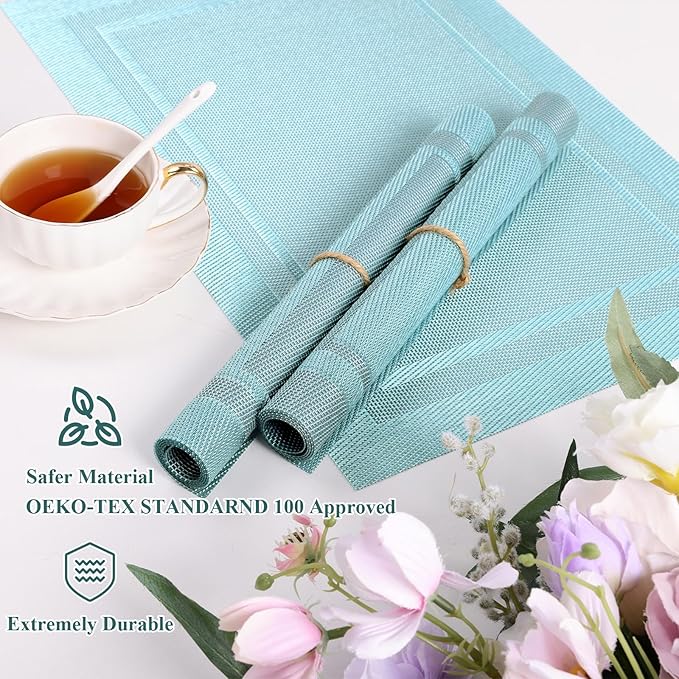 SHACOS Woven Vinyl Placemats Set of 6 Wipe Clean Place Mats for Dining Table Heat Resistant PVC Weave Table Mats Indoor Outdoor (6, Frame Light Turquoise)