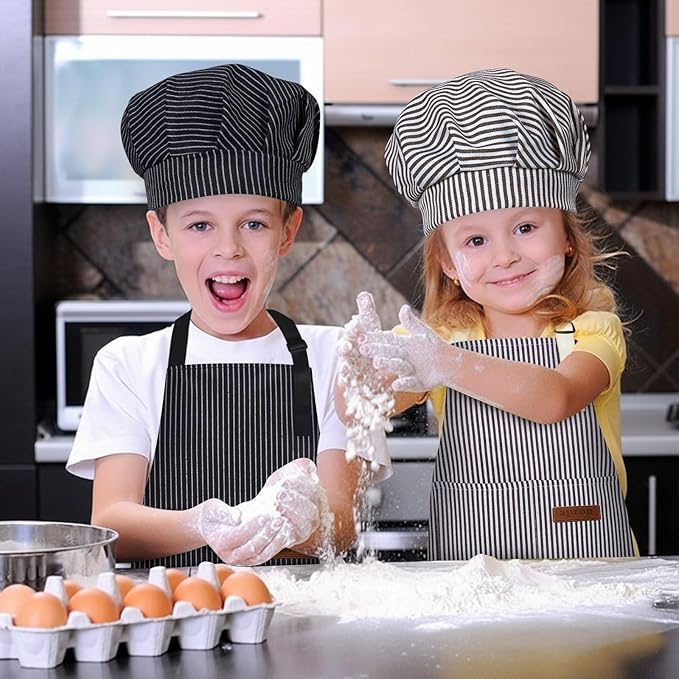 2 Pack Kids Chef Set, Striped Apron & Hat with Pockets, Adjustable Baking Smock for Boys & Girls
