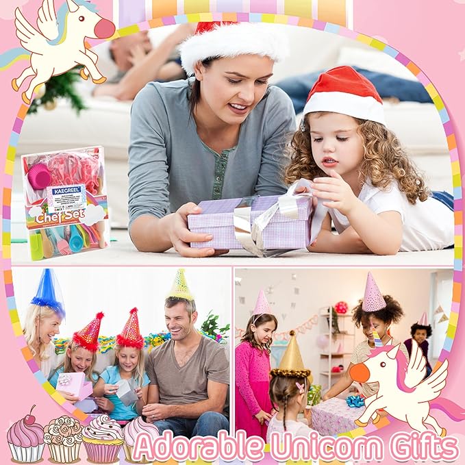 KAEGREEL Kids Baking Chef Set with Unicorn Apron and Mitt, 26pcs Kid Cooking Set with Chef Hat Spoons Whisk, Chef Dress Up Role Play Gifts for Girls Boys Aged 3 4 5 6 7 8