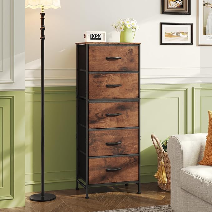 DUMOS Nightstand with 5 Drawers Bedside Table with Removable Fabric Bins Sturdy Steel Frame Wood Top Organizer Furniture for Bedroom Nursery Closet Living Room, Brown
