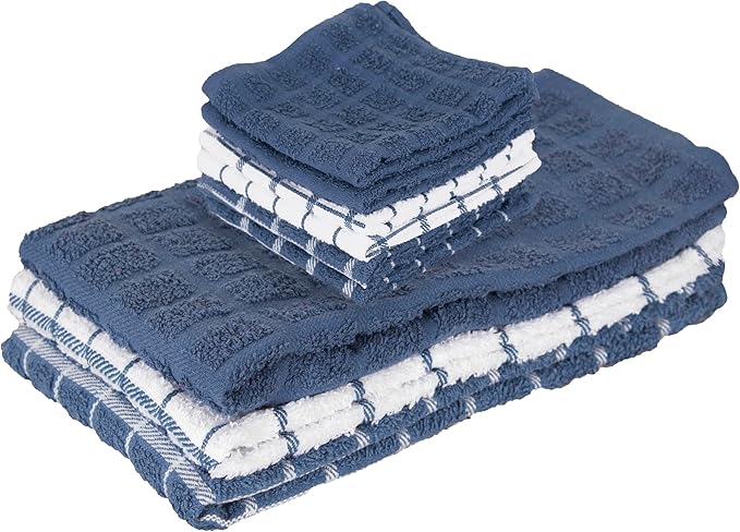 Ritz Premium 3-Pack Kitchen Towel & 6-Pack Dish Cloth Set - Highly Absorbent, Super Soft, Long-Lasting, 100% Cotton Terry Drying Cleaning Cloths, Federal Blue