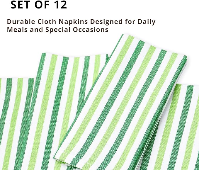 PurpleEssences Plain Striped Cloth Napkins - Set of 12-100% Cotton - 18 x 18 Inch -St Patricks Day and Perfect Everyday Use Dinner Napkin - St Patricks Green