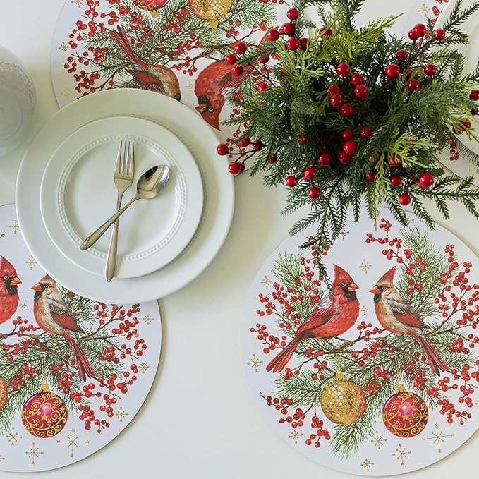 Benson Mills Cork Placemats Set of 4, Thick Cork Place Mats for Kitchen and Dining Tables, Easy Clean Table Mats for Christmas, Winter, and Holidays (13.75" Round Set of 4, Festive Cardinals)