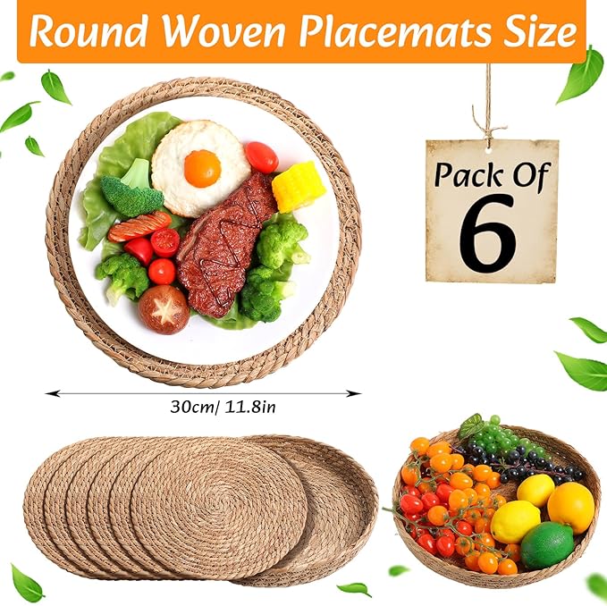 Boho Placemats 4/6/8 Set of Round Woven Placemat Macrame Style Bicolor Stitching Long Table Runner Farmhouse Rustic Natural Burlap Cotton for Kitchen Dining Table(6 Sets,Caramel Color,12x72)
