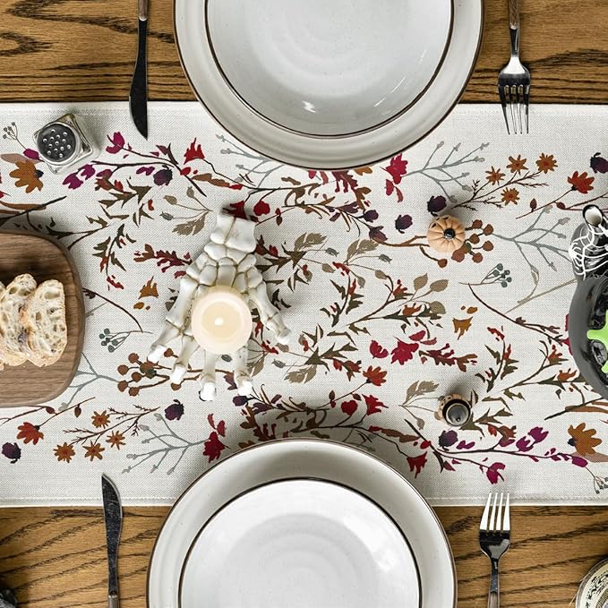 Artoid Mode Weeds Flowers Leaves 210 GSM Halloween Table Runner,Seasonal Fall Kitchen Dining Table Decoration for Home Party Decor 13x36 Inch