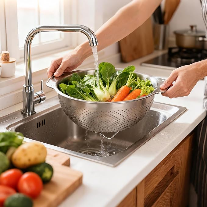 304 Stainless Steel Colander, 5 QT Large Capacity and 5QT Mixing Bowl, 2mm Micropore Strainer for Washing Rice, Fruit, and Veggies, Perfect Draining for Cooked Pasta
