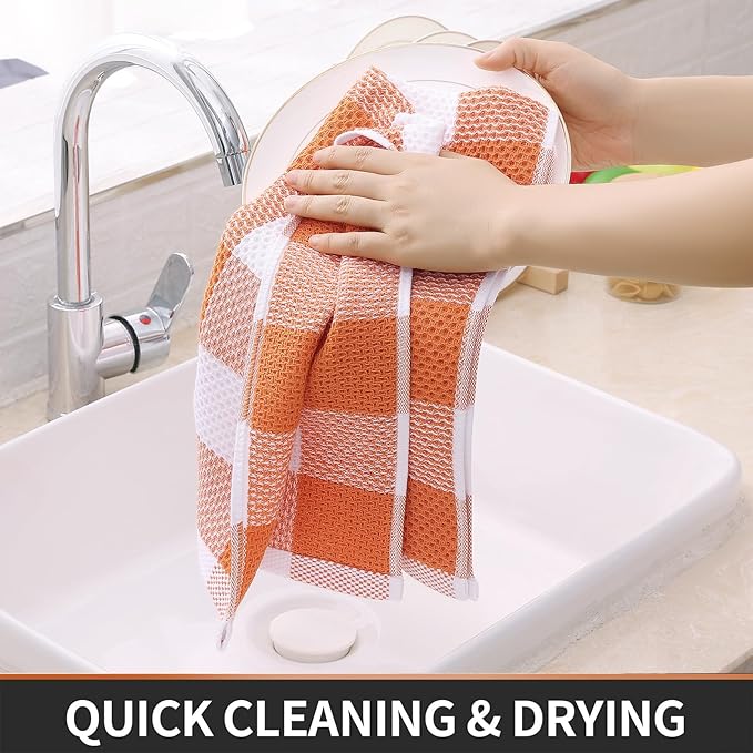 Homaxy Kitchen Towels and Dishcloths Set, 12 x 12 and 13 x 28 Inches, Set of 8 100% Cotton Waffle Weave Check Plaid Kitchen Dish Towels, Super Soft and Absorbent Dish Cloths, White & Orange