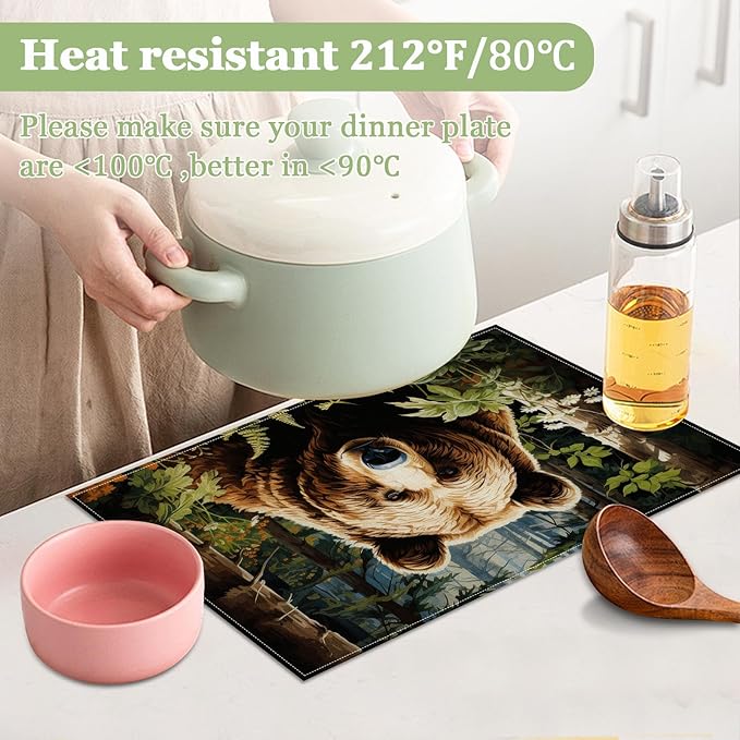 Forest Brown Bear Placemats Set of 6, Washable Heat Resistant Table Mat Animal Linen Place Mats for Party Kitchen Dining Home Decor 12x18 Inch