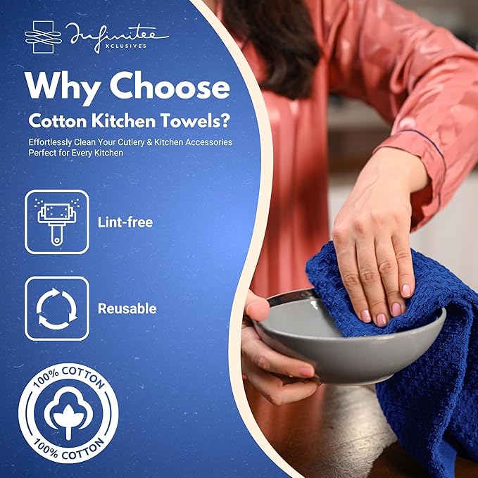 Infinitee Xclusives Premium Kitchen Towels – Pack of 3, 100% Cotton |15 x 25| Inches Absorbent Dish Towels - Terry Kitchen Dishcloth Towels - Blue Dish Cloth for Household Cleaning