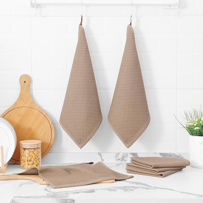 Kitinjoy 100% Cotton Kitchen Dish Cloths (12 X 12 Inches, Tan), 6 Pack Waffle Weave Ultra Soft Absorbent Dish Towels for Drying Dishes Quick Drying Kitchen Towels Dish Rags