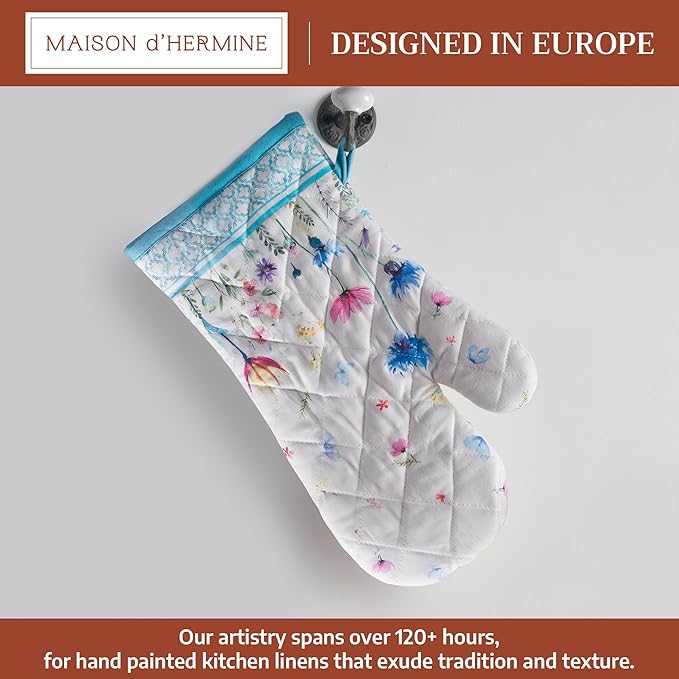 Maison d'Hermine Oven Gloves 100% Cotton Oven Mitt 7" x 13" with Loop Heat Resistant BBQ Cooking Gloves Baking Grilling Gifts for Mothers Day Spring/Summer (Pack of 1, Flower in The Field)