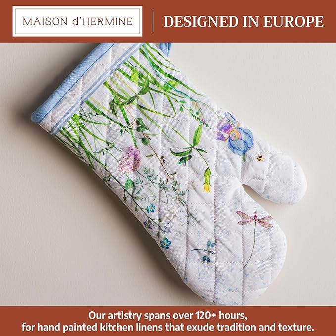 Maison d'Hermine Oven Gloves 100% Cotton Oven Mitt 7" x 13" with Loop Heat Resistant BBQ Cooking Gloves Baking Grilling Gifts for Mothers Day Spring/Summer (Pack of 1, Fleurs De Mai)