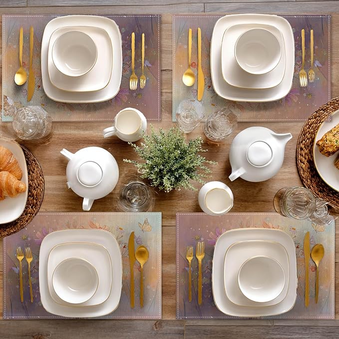 HOMETITUTE Placemats Set of 4 12x18 inch Spring Table Mats for Dining Table Floral Bouquet Linen Placemats Farmhouse Decorations Kitchen Decor Desk Mat for Outdoor Home Party Kitchen Seasonal Dining