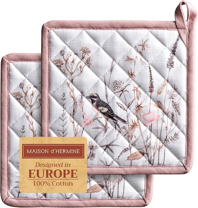 Maison d' Hermine Pot Holders 100% Cotton Heat Resistant Potholders 8" x 8" Hot Pads with Loop Baking Gifts for Mothers Day Handling Hot Pans Spring/Summer (Pack of 2, Meadow Florals - Brown)
