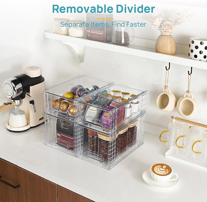 Vtopmart 4 Pack Clear Stackable Storage Drawers,Under Sink and Kitchen Organizers Storage,Easy to Assemble Plastic Drawers for Baby Bottle,Medicine, Bathroom,Cabinet and Pantry Organization